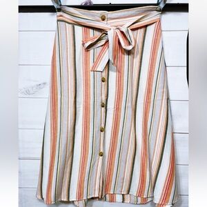 A New Day Cream Orange Striped Tie Waist Button Down Chevron Skirt Medium